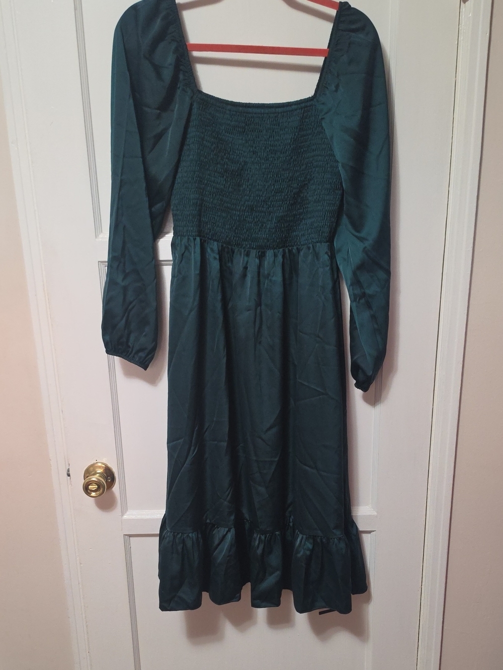 Smocked Square-Neck Long Sleeve Midi Dress in Teal